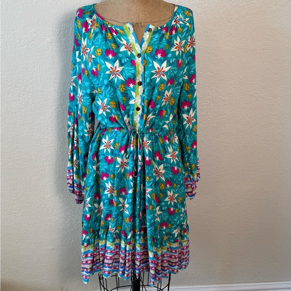 Sunshine & Rodeos Women’s S Floral‎ Dress Tie Waist Button up Pockets Round Neck
